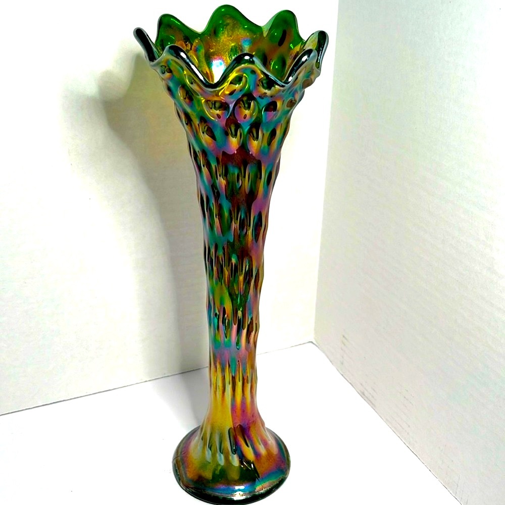Vintage Fenton April Showers Swung Vase Carnival Glass Iridescent Green 12”
